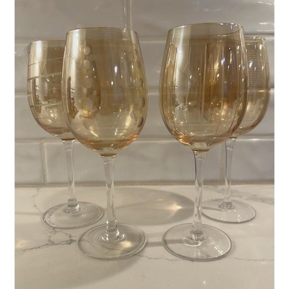Mikasa Set Of 4 Cheers Orange Stemmed Crystal Wine Glasses Etched Patterns - Picture 3 of 15